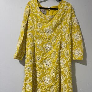 Carlye yellow midi dress white print has heavy beads size 16
